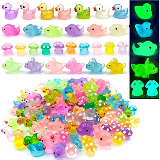 148Pcs Luminous Mini Resin Animals, Tiny Ducks Glow in The Dark Dolphins Dinosaurs Mushrooms 4 Combination Resin Set, Miniature Figures for Garden Decoration Aquarium Home Party Decor