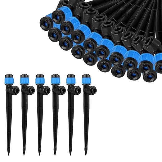 30Pcs Drip Irrigation Emitters Fan Shape with Stake for 1/4 inch Irrigation Tube Hose, 360 Degree Water Flow Drippers for House Garden Watering System (Blue)
