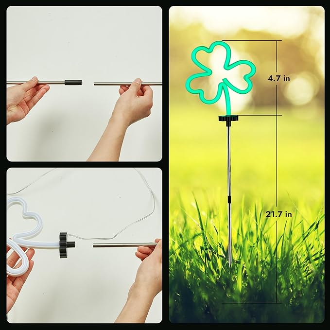 BlcTec St Patricks Day Decorations Outdoor, 4PCS Shamrock Neon Lights with Stainless Steel Stakes, Waterproof Irish Green Shamrock Pathway Lights for Yard Lawn Garden Porch Decor, Plug in