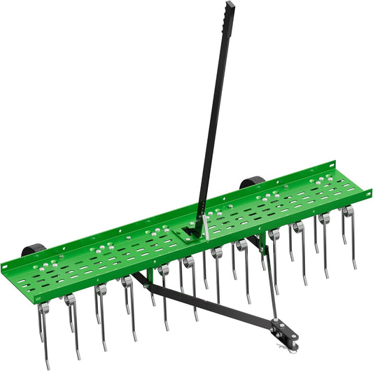 48" Tow-Behind Dethatcher with 24 Spring Steel Tines, Pull Behind Lawn Tractor Mower Grass Rake for Yard, Garden, and Farm Care – Removes Thatch, Leaves, and Pine Needles-Green