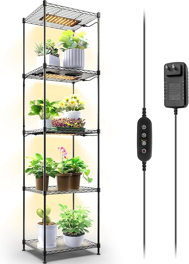 Barrina Plant Shelf with Grow Light, 5-Tier, Plant Stand with 40W Ultra-Thin Grow Light Panel for Hydroponics, Seedlings, Succulents, Flowers, Veg, 3/6/12h Timer, 15.7" L x 11.8" W x 59.1" H