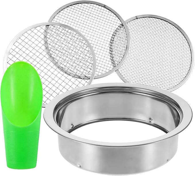 Soil Sieve Sifter Set Stainless Steel,Garden Sieve Set with 3 Interchangeable Mesh 3,6,9mm,Sifting Screen for Dirt, Sand, Rock, Filtration, Compost, with Soil Scoops Gardening Tool