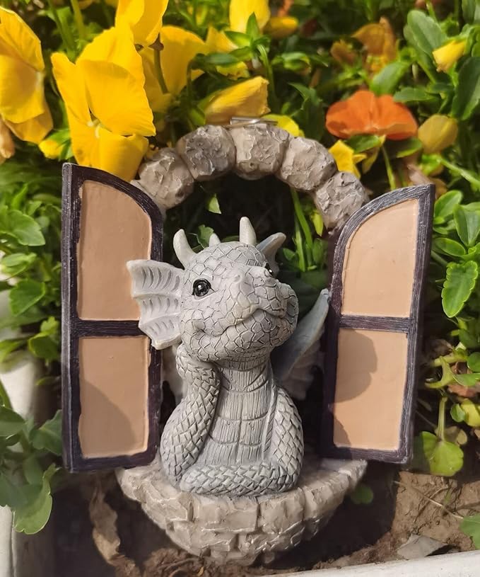 Dragon Garden Ornament Resin Craft Ornament Statue Fairy Door Yard Art Outdoor and Garden Solar Light Luminous Sand Open Door Dragon Wall Statue Outdoors Decor (Eye to Eye)