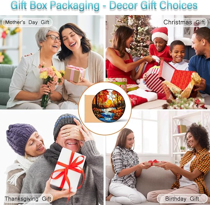 Sunset Suncatcher Stained Glass Window Hanging - Sun Catchers Indoor Window Decorations with Tree and River - Sunset Scenery Window hangings with Hooks - Valentines Day Gifts for Him Her Women Men