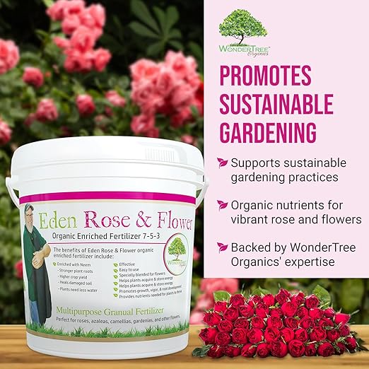 Eden Rose & Flower Organic Enriched Fertilizer | Neem Plant Food-7-5-3 Enriched Formula | for Best Flower Growth (5lbs)