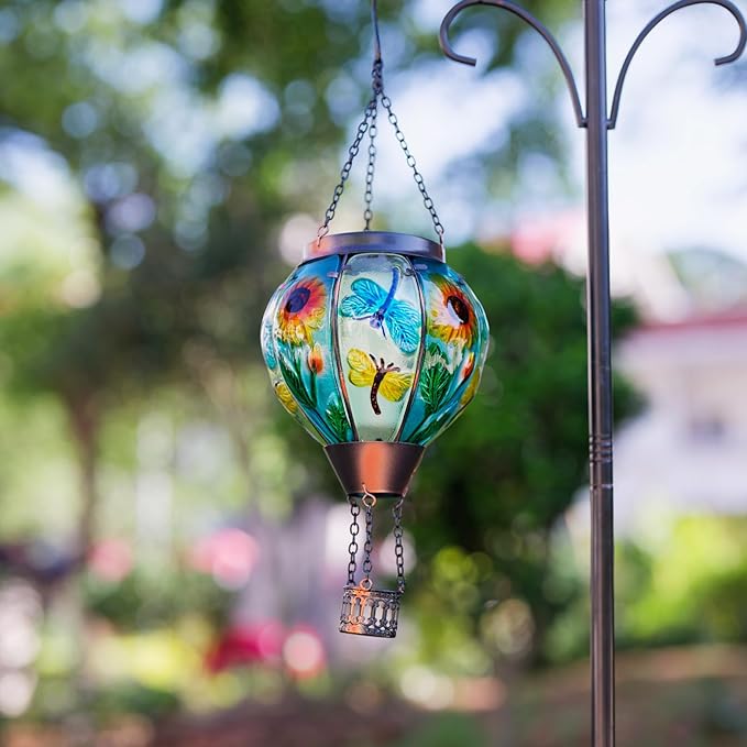 Hanging Hot Air Balloon Solar Lantern, Dragonfly Solar Power Hot Air Balloon Lantern Outdoor Waterproof, Glass Hanging Light for Outdoor Patio Garden Decor