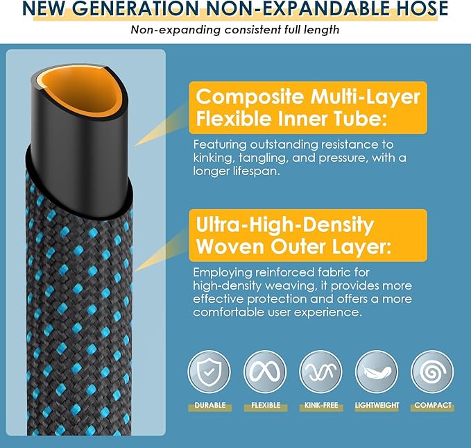 Non-Expanding Garden Hose 75 ft, Flexible Kink Free Water Hose with 10 Watering Spray Nozzle, Lightweight Hose Pipe, Leak-Proof, Durable, 3/4" Brass Alloy Connector, Portable Storage Strap
