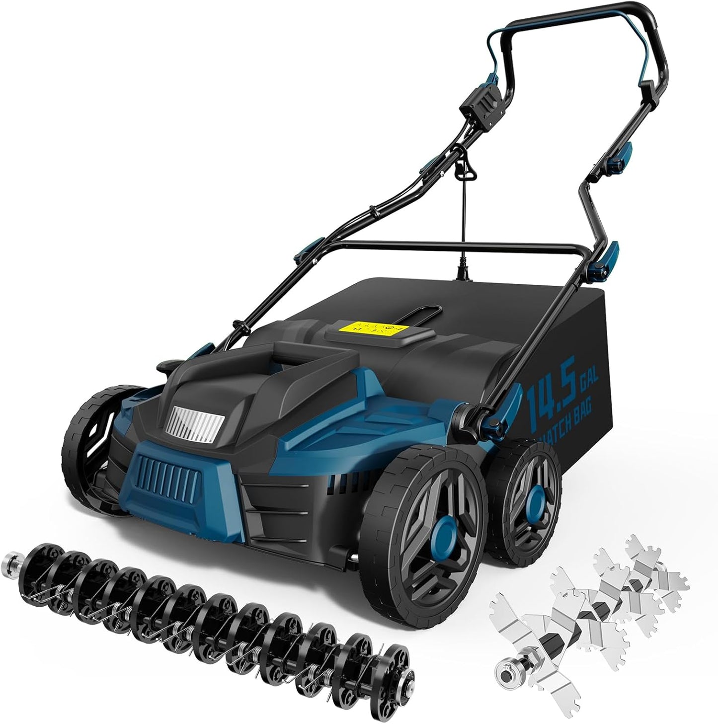 2025 Upgrade 16-Inch 15.5 Amp 2-in-1 Electric Dethatcher and Scarifier with 14.5-Gallon Collection Bag, Lawn Dethatcher with 5-Position Depth Adjustment, Keeps Lawn Healthy - Steel Blue