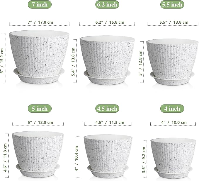 7/6.2/5.5/5/4.5/4 inch Flower Pots, 6 Pack Plant Pots for Small Indoor Outdoor Plants, Plastic Planters with Drainage Holes and Saucers for Garden Succulent House Plants, Speckled White