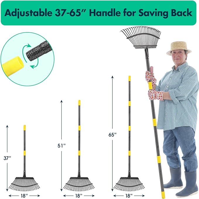 Rake - 65 Inch Long Garden Leaf Rake, 18 Inch Wide Heavy Duty Leaf Rake for Shrub with 25 Metal Tines,Yard Thatching Rake with Ergonomics Adjustable Handle for Picking Leaves,Grass Clippings Garbage