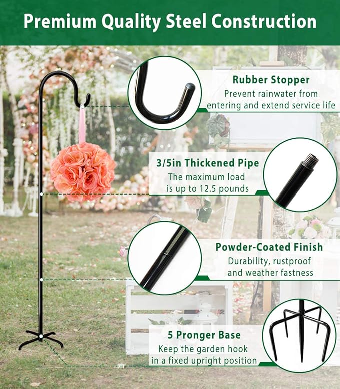 Artibear Adjustable Outdoor Shepherd Hook Stand with 5 Prong Base, 76 Inches Tall 3/5 in Thick, Shiny Black (1 Packs)