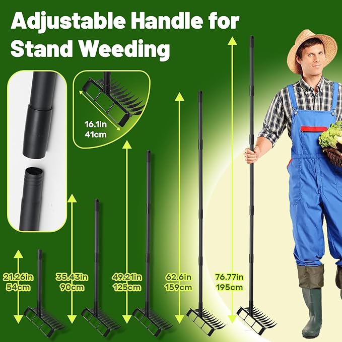 Stirrup Hula Garden Hoe with 12 Tines Rake, 2 in 1 Yard Weed Puller Gardening Weeding Tools, Garden Tiller Cultivator with 76" Adjustable Handle for Garden Weeding,Seeding,Ditching,Loosening Soil