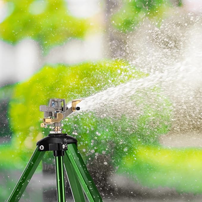 Impact Sprinkler on Tripod Base, 2 Pack Lawn Sprinkler for Yard 360 Degree Large Area Water Sprinkler for Lawn Heavy Duty Garden Sprinkler with 3/4 Inch Connector Extension Legs Flip Locks