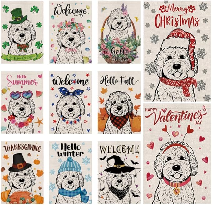 Seasonal Garden Flags Golden Doodle Double Sided Flags Set of 11 Holiday Farmhouse Indoor Outdoor Yard Lawn Christmas Gifts Decorations 12.5x18 Inch