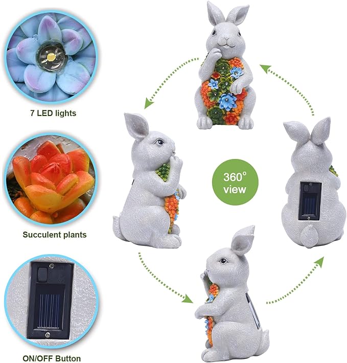 Nacome Solar Garden Outdoor Statues Bunny with Succulent and 7 LED Lights – Lawn Decor for Patio, Balcony, Yard Ornament - Unique Housewarming Gifts