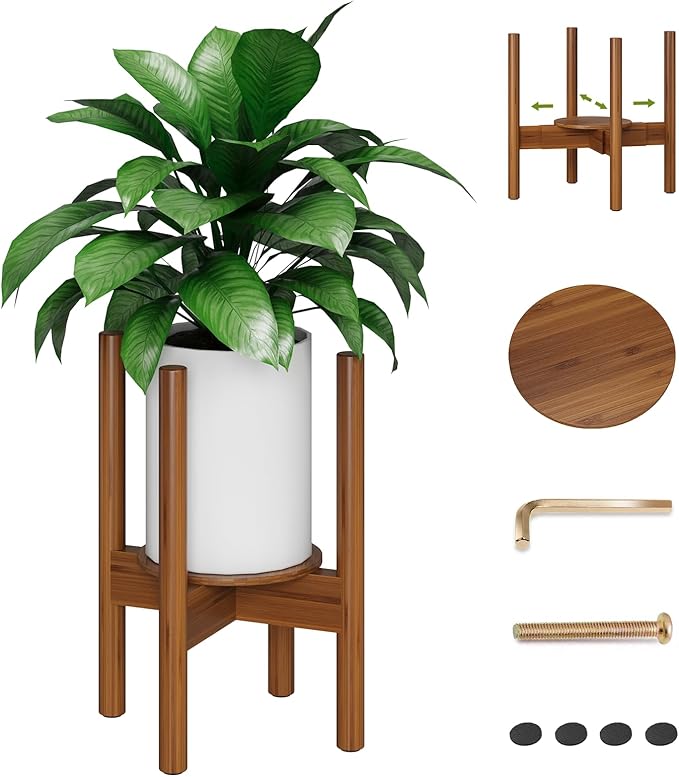 Adjustable Plant Stand, Bamboo Plant Stand Indoor with Tray, Wood Plant Stand for 8 to 12 inches Flower Pots, Single Mid Century Modern Plant Stand for Indoor Plants, Walnut