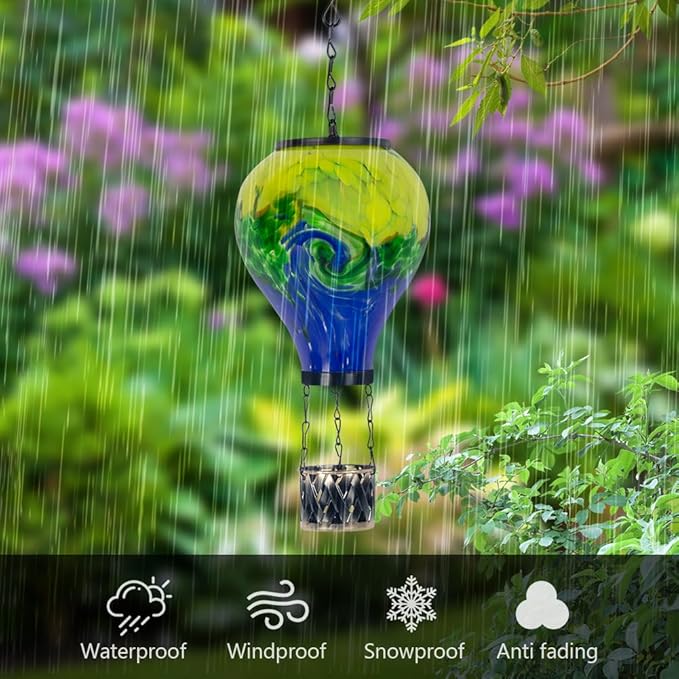 Tie-Dye Style Solar Hot Air Balloon Lantern with Flame, Glass Hot Air Balloon Solar Lantern Waterproof Outdoor Lanterns Decorative Lamp for Patio, Garden, Porch