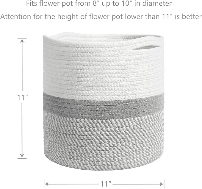 TIMEYARD Woven Cotton Rope Plant Basket for 10" Flower Pot Floor Indoor Planters, 11” x 11” Storage Basket Organizer Modern Home Decor, Grey and White Stripes