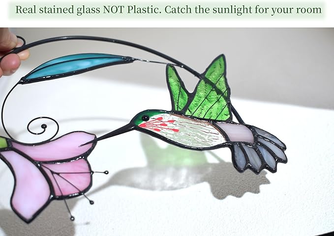 Lolitarcrafts Stained Glass Hummingbird Window Hangings with Flowers, Bird Stained Glass Suncatcher for Window Decor Hummingbird Gifts for Mom,Bird Lovers (Green with Flower A)