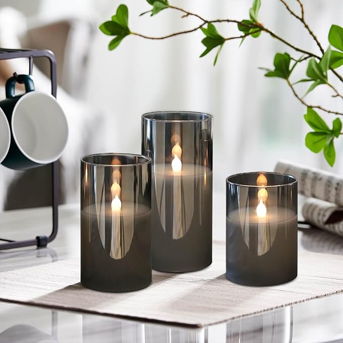 LED Flickering Candles with Remote Timer,Glass Flamless Pillar Candles Real Wax with 3D Wick Realistic,Warmth Decoration for Wedding Home Festival (Grey)