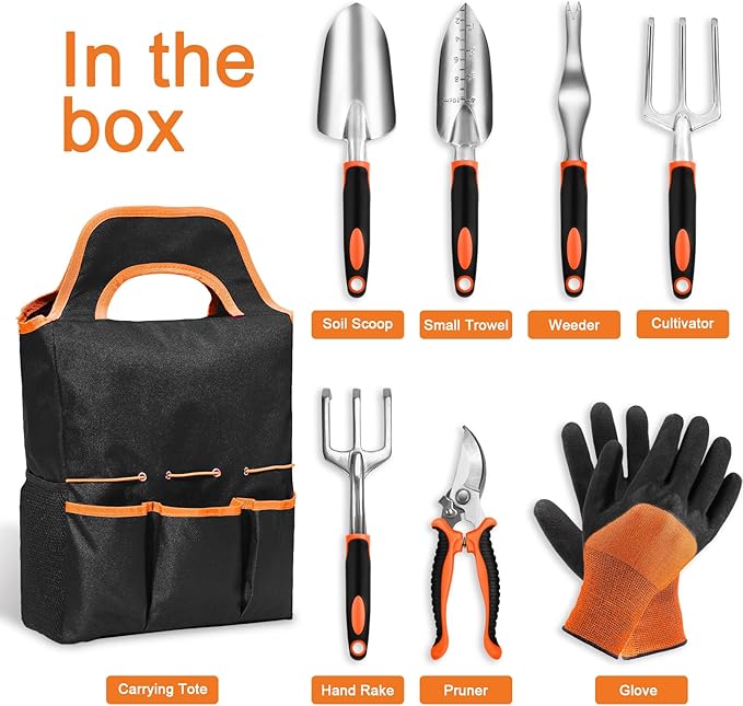 Garden Tool Set with Non Slip Rubber Grip,8 Piece Stainless Steel Gardening Tool Sets,Heavy Duty Outdoor Hand Tools Durable Storage Tote Bag,Uprooting Weeding Tool, Gifts for Women Men(Orange)