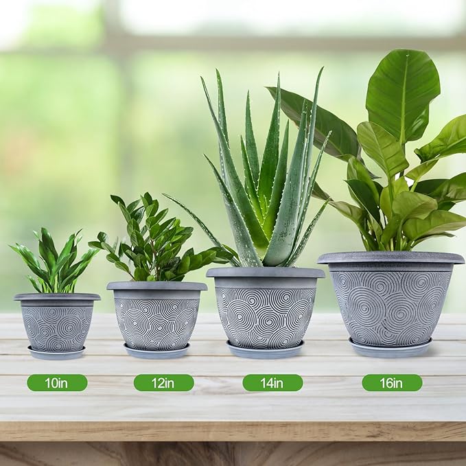 16 Inch Large Planter Pot for Plants Indoor Outdoor, 4 Pack Plastic Flower Pots with Drainage Hole & Tray, Modern Decorative Garden Pot with Saucer, Plant Container for House