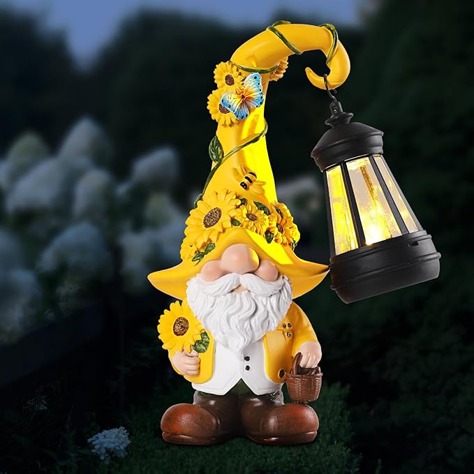 Solar Garden Decor - Sunflower Gnome Statue with Lantern 9.1" Garden Gnomes Outdoor Funny Solar Statues Yard Porch Lawn Patio Decor Gardening Gift for Women Mom Grandma Wife Girlfriend