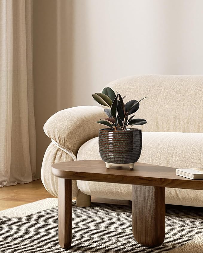 LE TAUCI Ceramic Plant Pots, 5.1 + 6.4 Inch Footed Pots for Plants, Modern Flower Pots for Home and Office, Indoor Planters with Drainage, Reactive Glaze Black