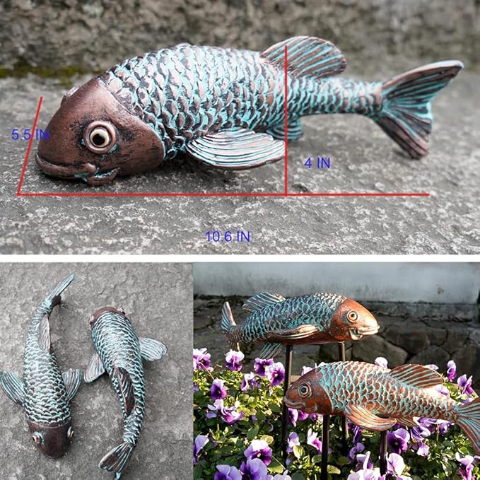 Garden Sculptures & Statues,Koi Fish Decor,Garden Fish Art,Set of 2 Antique Koi Fish Yard Art Decor for Outdoors,Patio,Yard,Lawn,Pond,Home Decoration (Bronz)