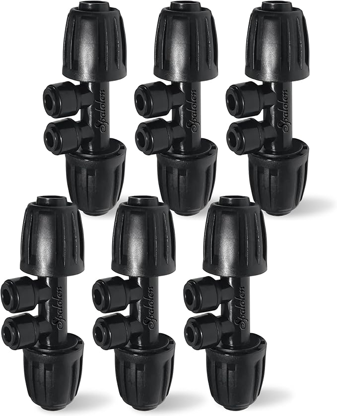 6 Pack 1/2'' to 1/4'' Drip Irrigation Fittings, Push-to-Connect 4 Way Drip Irrigation Part Barbed Tee Connectors, Anti-Leak Locked Splitter Fitting for 1/2" Irrigation Tubing (0.6''-0.67''OD)