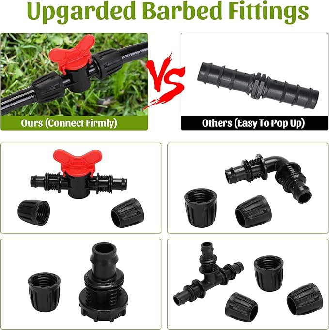 1/2 Inch Irrigation Tubing 25ft, Drip Irrigation System for Garden, (0.52″ ID X .0.60″ OD) Black Dripline, Drip Irrigation Tubing w/One of 1/2” Coupling, Elbow, Tee and End Cap.