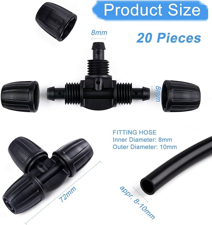 Kalolary Barbed Tee for 5/16 Inch Irrigation Tube, 20PCS Anti-Drop Drip Irrigation Hose Fittings for 8/12mm PE Pipe Micro Spray Lock Drip Irrigation Parts Connectors 3-Way Adapter Watering System