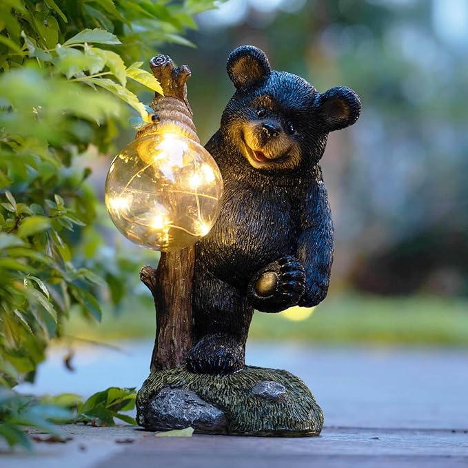 Garden Statues Bear Decor Light,Solar Bear Statue Ourdoor Statue,Animal Garden Decor,Funny Figurine Decor,Outdoor Decor for Patio,Porch,Balcony,Yard,Lawn