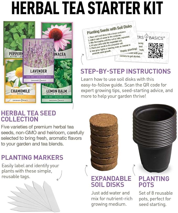 Tea Growing Kit - Includes Medicinal Lavender, Chamomile, Lemon Balm, Peppermint and Echinacea Heirloom Garden Seeds, Grow Pots, Soil, Plant Markers, Indoor Herb Garden Kit Outdoor Tea Garden Kit