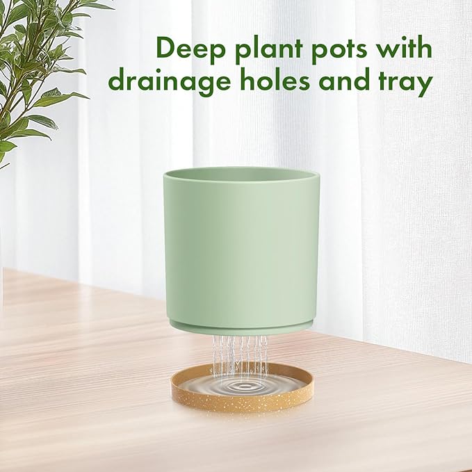 8/7/6 inch Plant Pots, 3 Pack Cylinder Flower Pots for Outdoor Indoor Plants, Decorative Plastic Planters with Drainage Holes and Saucers for Garden House Plants, Green with Brown