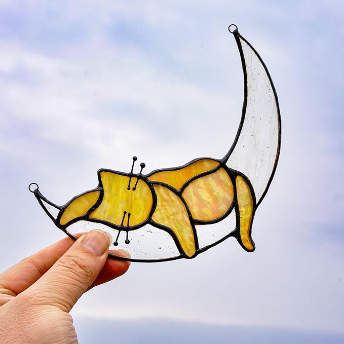 HDCRYSTALGIFTS Orange Cat On Moon Stained Glass Window Hangings,Tabby Cat Decoration suncatcher Hanging Ornament Gift for Mom,Cat Memorial Gifts for Cat Lovers, Pet Loss Sympathy Gift