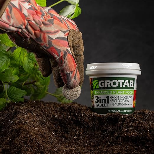 GROTAB 3-in-1 Plant Food Tablets 30 Tabs Natural 12-8-4 Plant Fertilizer Outdoor Indoor All-Purpose Flower Garden Vegetable Orchard Greenhouse Plant Fertilizer with Mycorrhizal Trichoderma Microbials