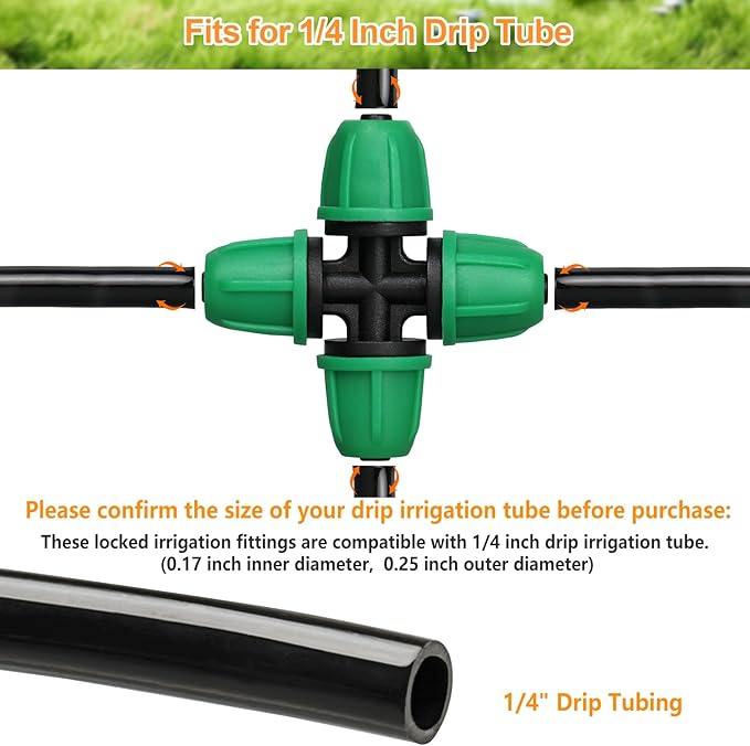 1/4 Inch Drip Irrigation Fittings, Lock Barbed 4 Way Couplings for ¼ in. Tubing, 25 Pieces Drip Irrigation Parts Locked Cross Connectors, Drip Line Nuts Connectors for 1/4" Drip Irrigation Hose