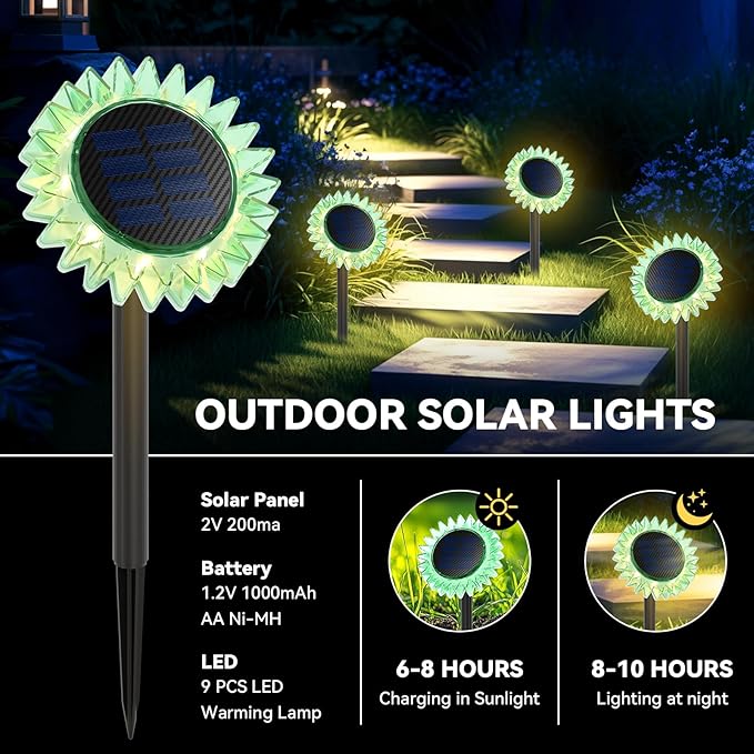Outdoor Solar Lights, 6 Pack Led Solar Sunflower Lights, Stake/Wall 2-in-1 Waterproof Solar Garden Lights for Yard, Landscape, Fence, Patio, Driveway, Pathway, Backyard Decoration (Warm White)