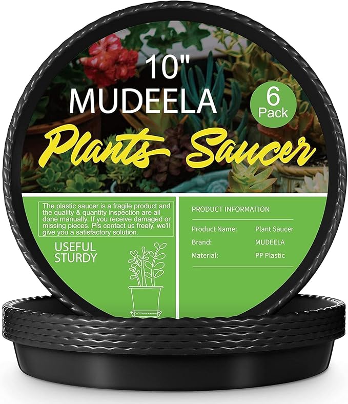 MUDEELA 6 Pack of 10 inch Plant Saucer, Durable Plastic Plant Trays for Indoors, Black Plastic Flower Plant Pot Saucer, Made of Thicker, Stronger Plastic, with Taller Design