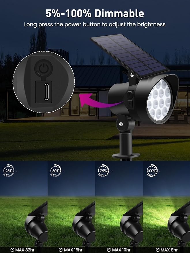 Solar Spot Lights Outdoor Color Changing, Dimmable IP65 Waterproof Solar Landscape Spotlights for Garden Yard Decorations, 4 Pack