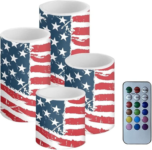 Flameless Electric Candles Decoration Lamp with Remote Timer Control Long Lasting for Fourth of July Party Decoration Home Indoor Outdoor Decor Pack of 4, American Flag Fashion