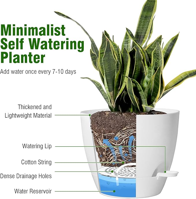 12 inch Large Self Watering Pots, Flower Plant Pots with Multi Mesh Drainage Holes for Indoor Outdoor Garden Plants and Flowers, Plastic Planters with Removable Reservoir, White