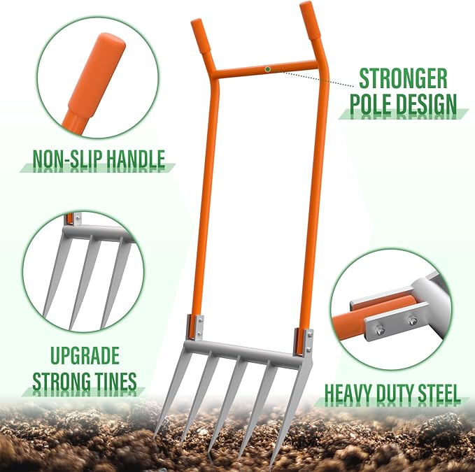 VASALAID Broadfork 5-Tine Broadforks for Gardening Ergonomic U-Shaped Design Heavy Duty Garden Fork for Gardening Cultivating Farm Garden Digging Crushing Aerate Soil