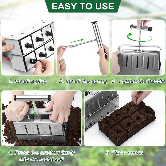 Soil Blocker, 8 Cell 2 Inch Soil Block Maker for Seed Starting, Soil Blocking Tool for Grow Seedling with Comfortable Handle, Using for Garden Seed Starter Tray, Indoor and Outdoor Plants, Greenhouses