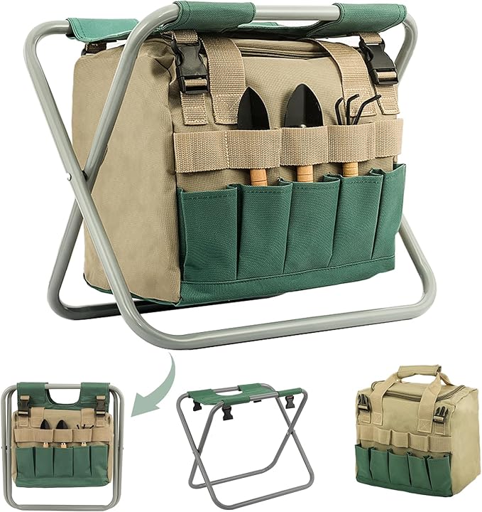 Folding Gardening Stool with Detachable Storage Tote Bag, Multifunctional Gardening Tools Set Organizer for Fishing and Camping,Portable Garden Chair Seat for Adults - Without Tools