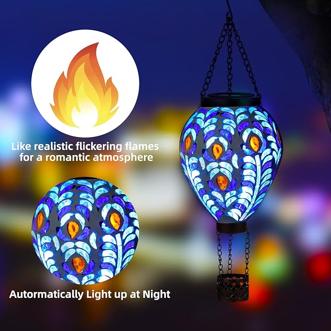 VOREEN Hot Air Balloon Solar Lantern, Mosaic Solar Outdoor Hanging Wind Light, Waterproof, Patio Festive Decor, Easter Gifts for Mom Father Grandma, Peacock Feather Design
