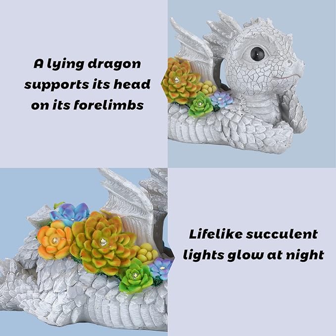 Garden Dragon Statue Outdoor Decor, Dragon Garden Sculpture Waterproof Solar LED Lights Resin Succulent Decorations for Outside Lawn Patio Patio Yard Ornament Gifts