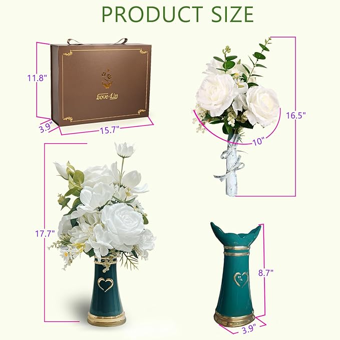 LoveLin Artificial Flower Arrangement for Ceramic Vase,White Roses Floral Bouquet Paired Abstract Prayer Hand Shaped Dark Green Vase,Affordable Luxury Art Pieces,Lndoor Ornament, 17″