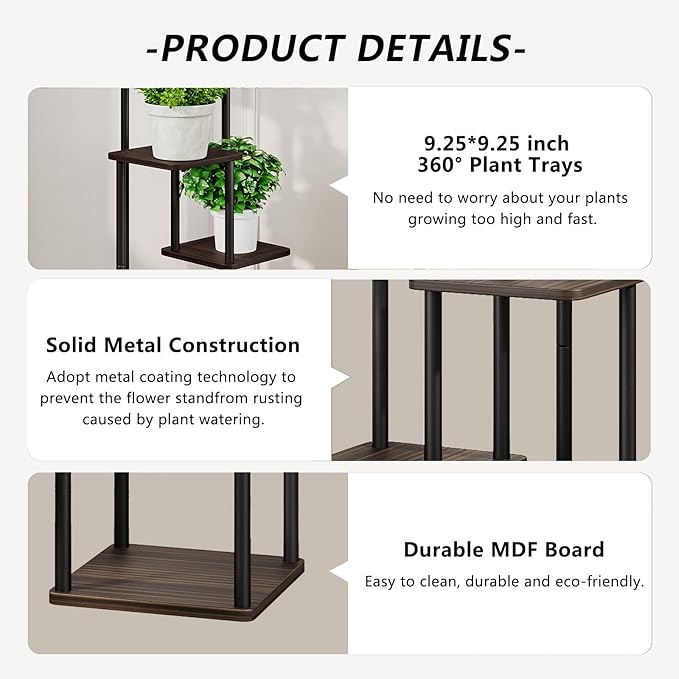 AZERPIAN Plant Stand 4 Tier Indoor Metal Flower Shelf for Multiple Plants Corner Tall Flower Holders for Patio Garden Living Room Balcony Bedroom, Black oak